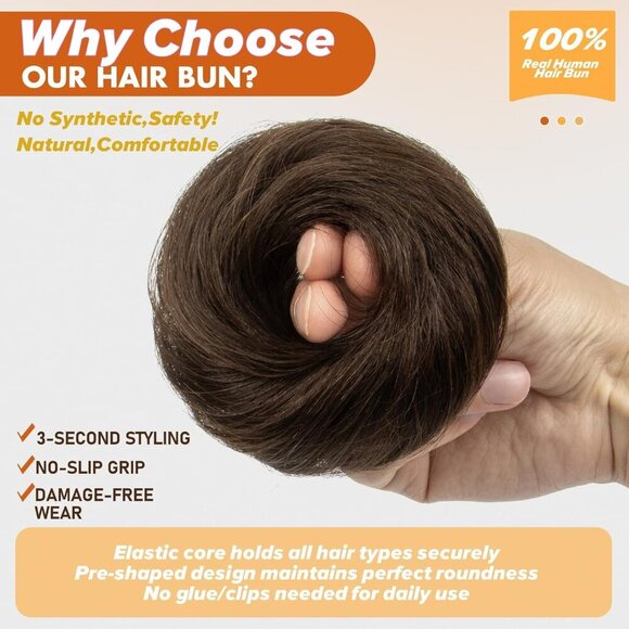 Human Hair Bun Extensions Elastic Ponytail Wrap No Claw 2.76in Dark Brown main image 6
